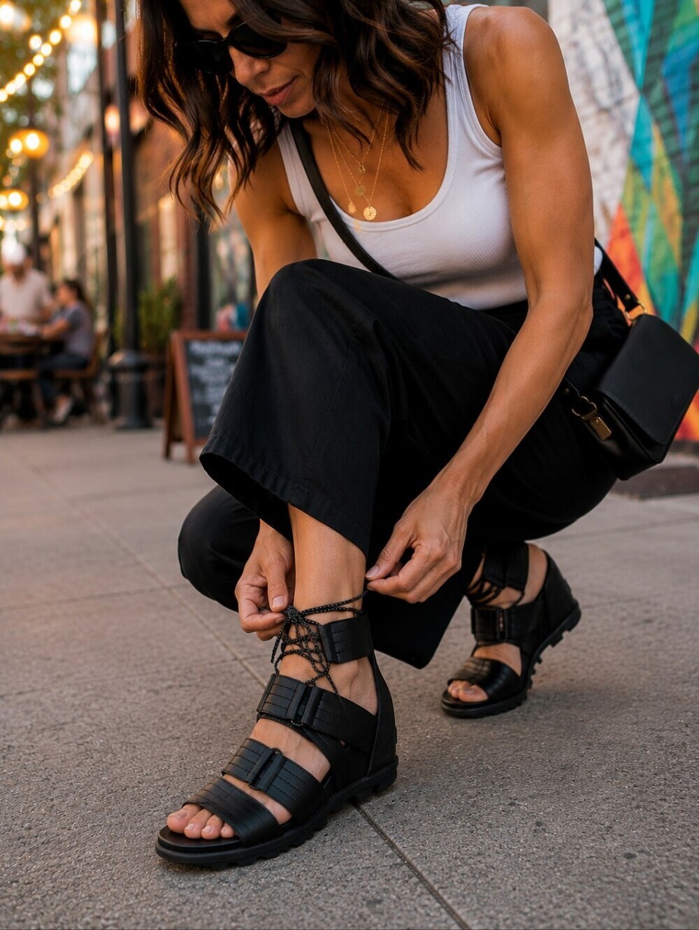 Sorel Joanie Lace Wedge Sandals Black Leather Hidden Wedge Gladiator Size 10.5